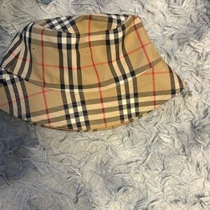 Burberry Beige Plaid Bucket Hat with Black Trim